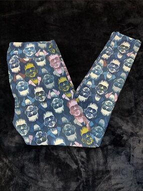 LuLaRoe Halloween Navy Frankenstein Face Print Leggings with Multicolor Accents